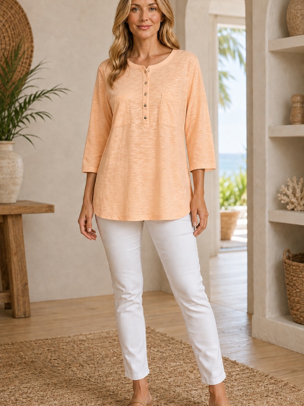 Chico's Peach Henley 3/4-Sleeve Top